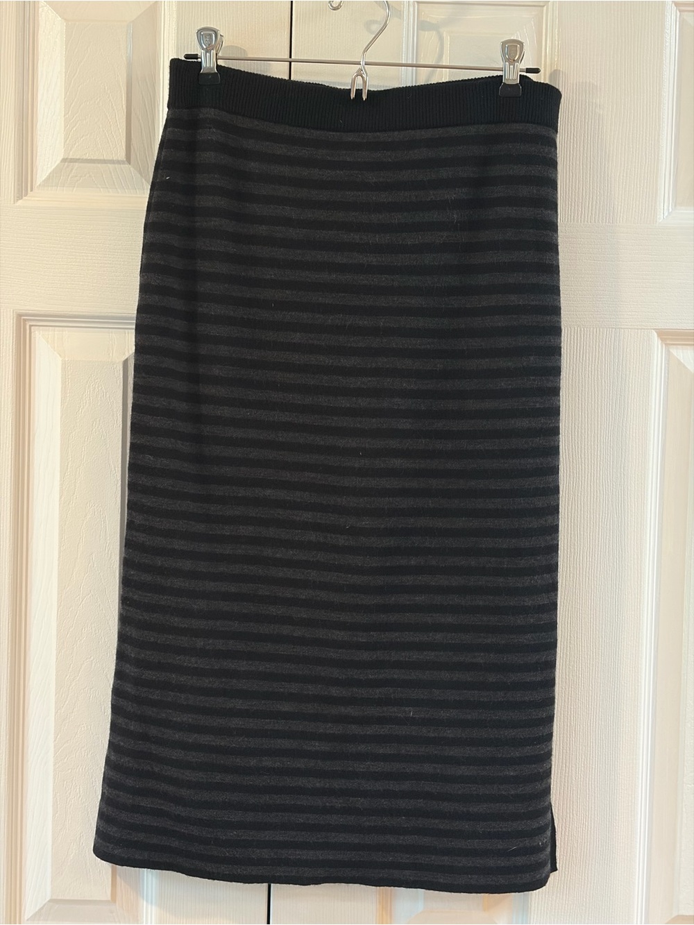 Eileen Fisher Black and Charcoal Stripe Merino Wool Midi Pencil Skirt Size S